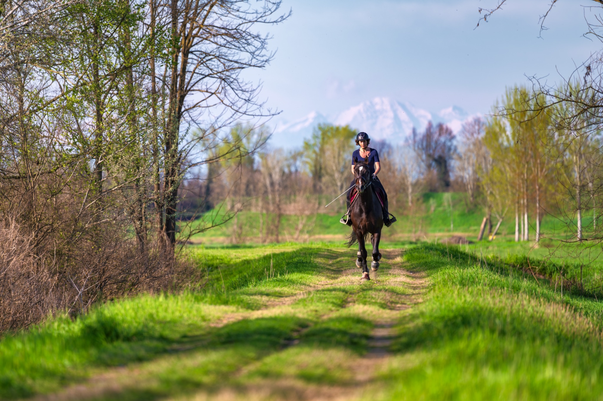 Persona a cavallo lungo un sentiero verde, con le montagne sullo sfondo