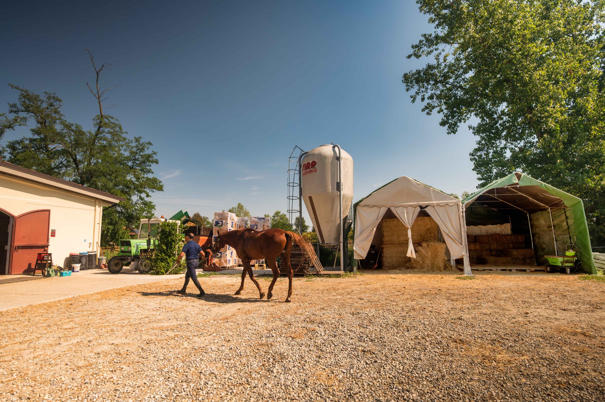 Area esterna della scuderia con silo, balle accatastate sotto coperture e un cavallo condotto a mano.