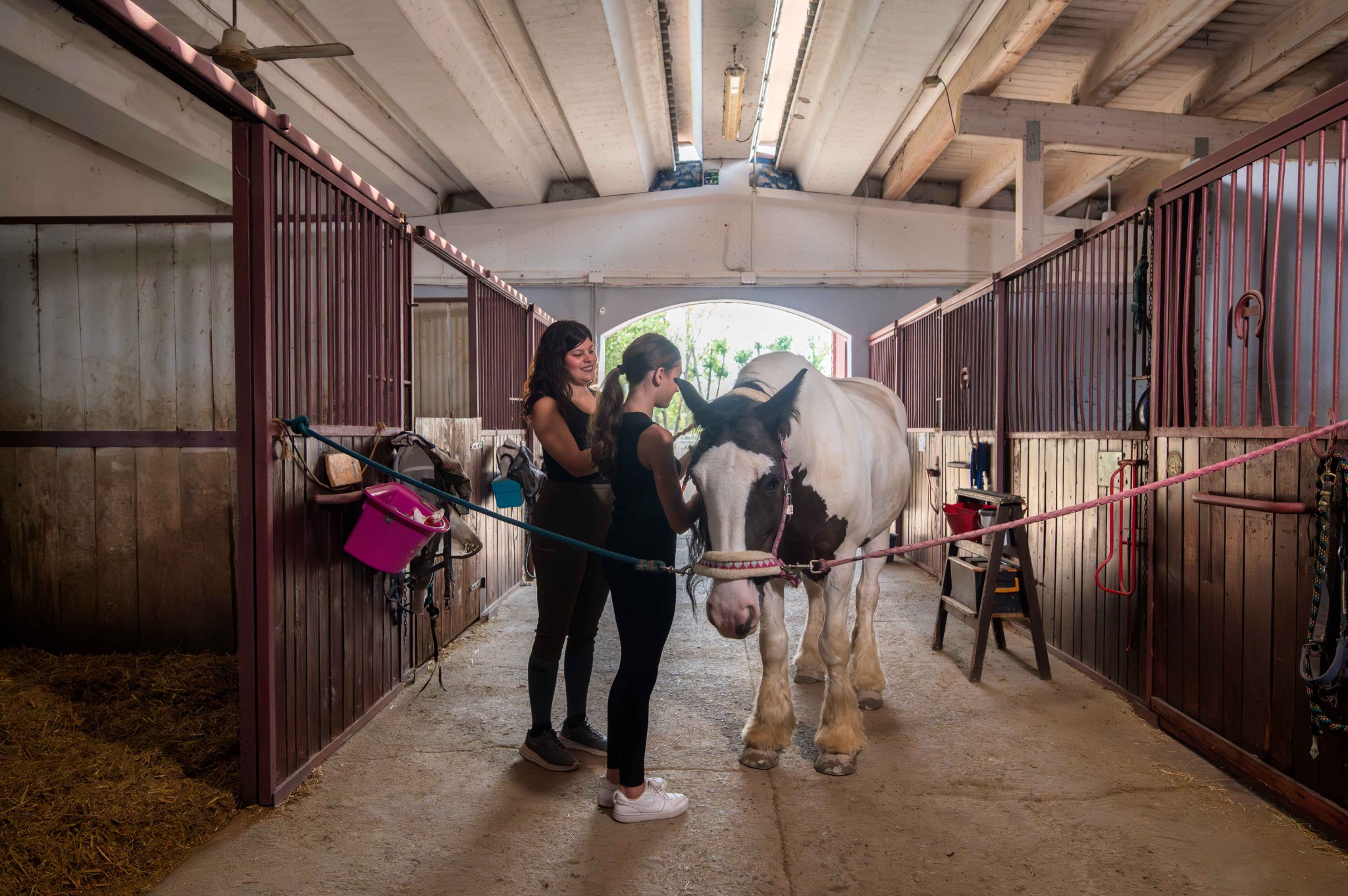 Due persone accanto a un cavallo pezzato nel corridoio tra i box interni del Remolino.